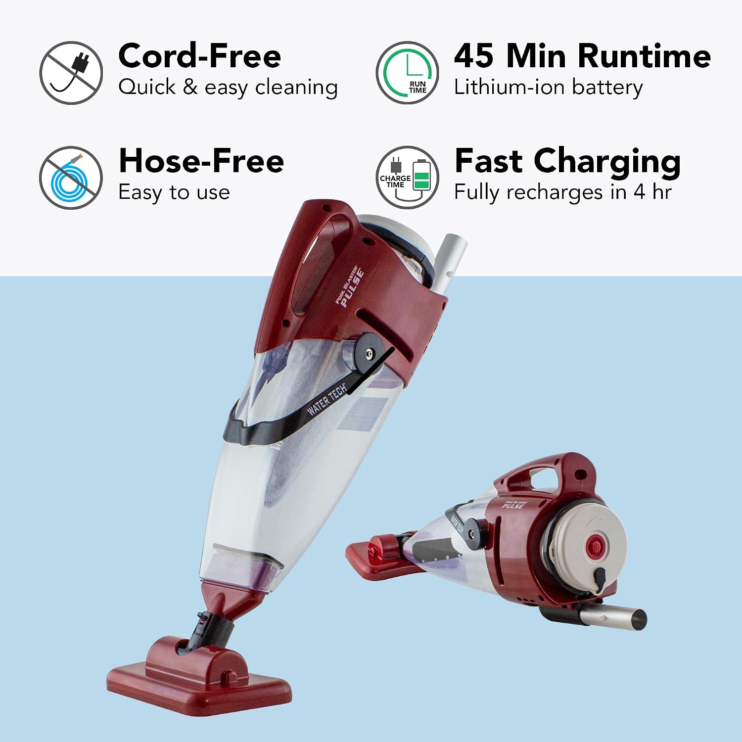 POOL BLASTER Pulse Cordless Pool Vacuum w/Pole Set - Large Debris Capacity & Fast Hoseless Cleaning of Inground & Above Ground Pools, Handheld Rechargeable Pool Cleaner for Sand, Silt & Leaves