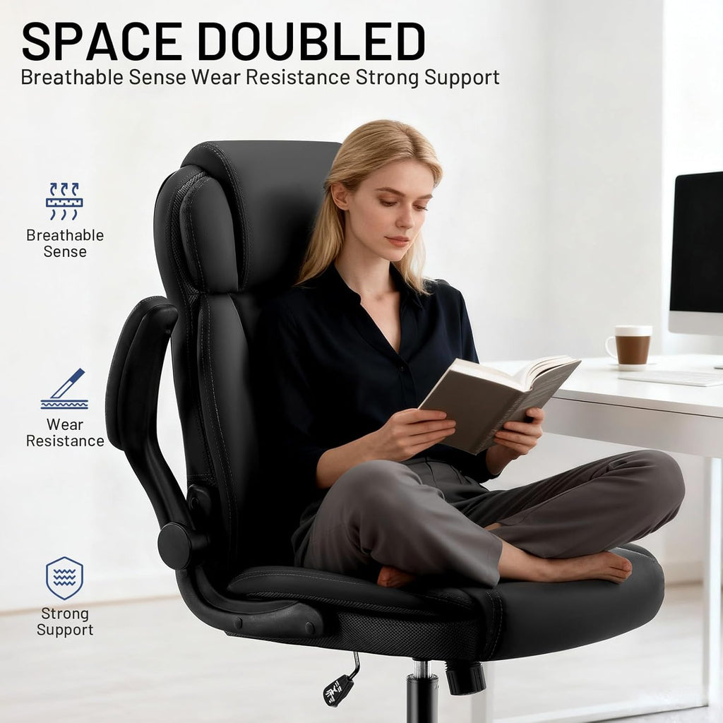 AreShark Ergonomic Office Chair with High Back Headrest,PU Leather Executive Desk Chair Padded Flip-Up Armrests,Lumbar Support,Swivel Computer Chair for Home Office & Gaming,Black