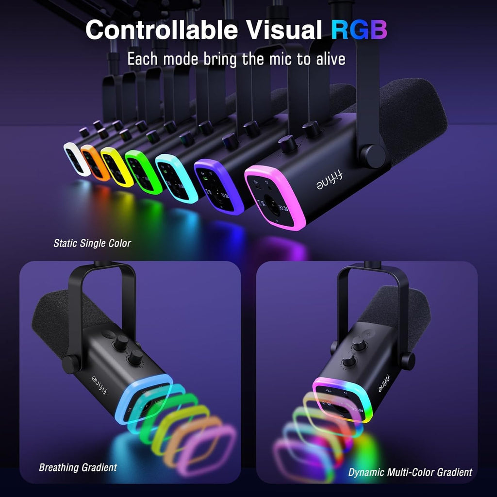 FIFINE XLR/USB Gaming Microphone Set and Gaming Audio Mixer,Dynamic PC Mic for Streaming Podcasting,RGB Recording Mixer with XLR Microphone Interface,Computer RGB Mic Kit with Boom Arm Stand(AM8T+SC3)