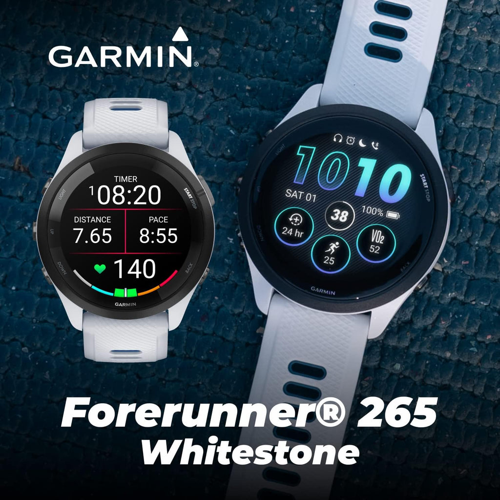 Garmin Forerunner 265 Music GPS Running 46 mm Smartwatch, Whitestone with AMOLED 1.3 in Touchscreen Display Black Earbuds Bundle, White +Blk EarBuds