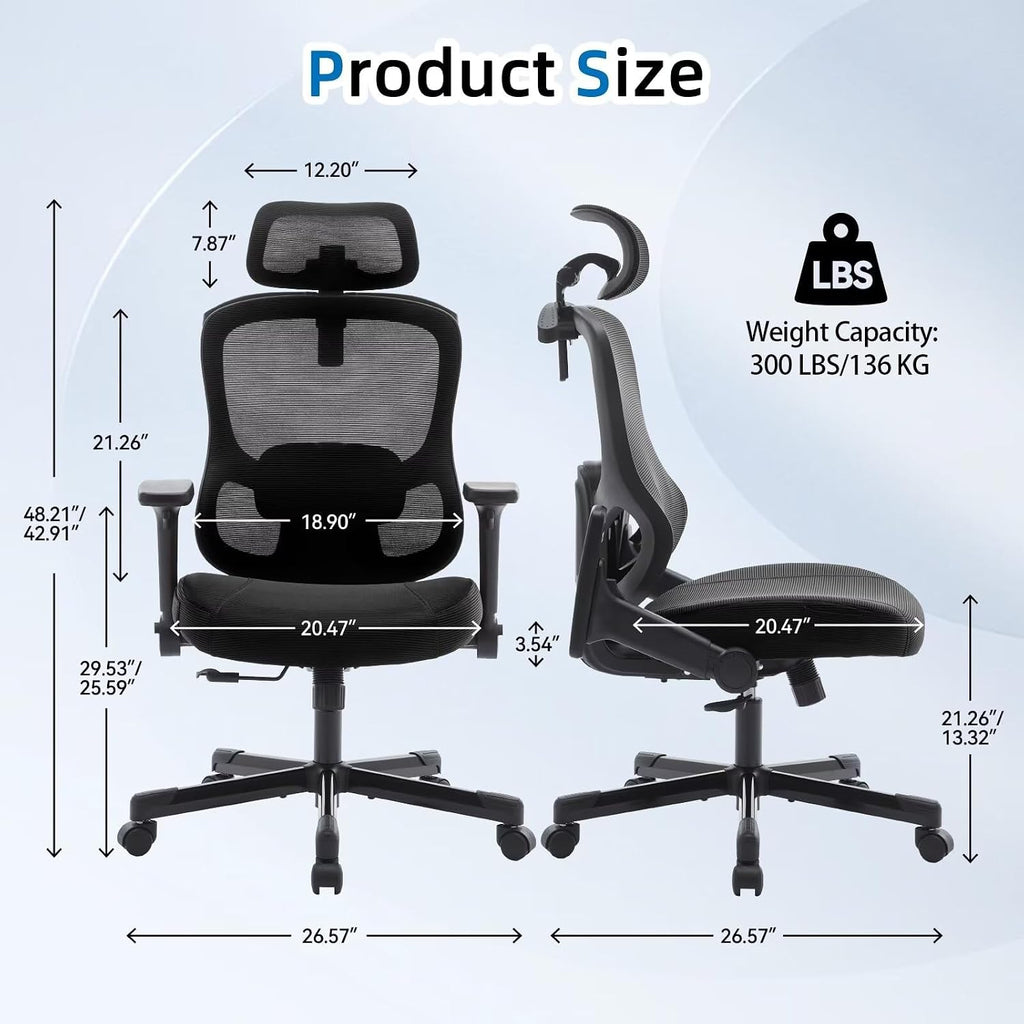 Ergonomic Office Chair Big Tall Reclining Gaming Chair Adjustable Lumbar Support 6D Armrest 6D Headrest Breathable Mesh Swivel Computer Chairs Home Task Desk Chair Wheels Coat Hanger Tilt Lock Blue