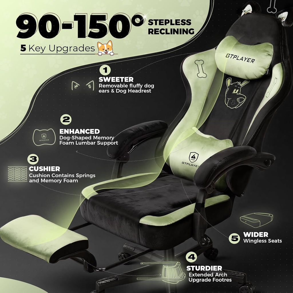 GTPOFFICE Cute Gaming Chair with Cat Ears, Ergonomic Computer Chair with Footrest Cat Paw Lumbar Support Comfortable Reclining Game Chair Desk Chair for Adult Teens, Soft Fabric, Green