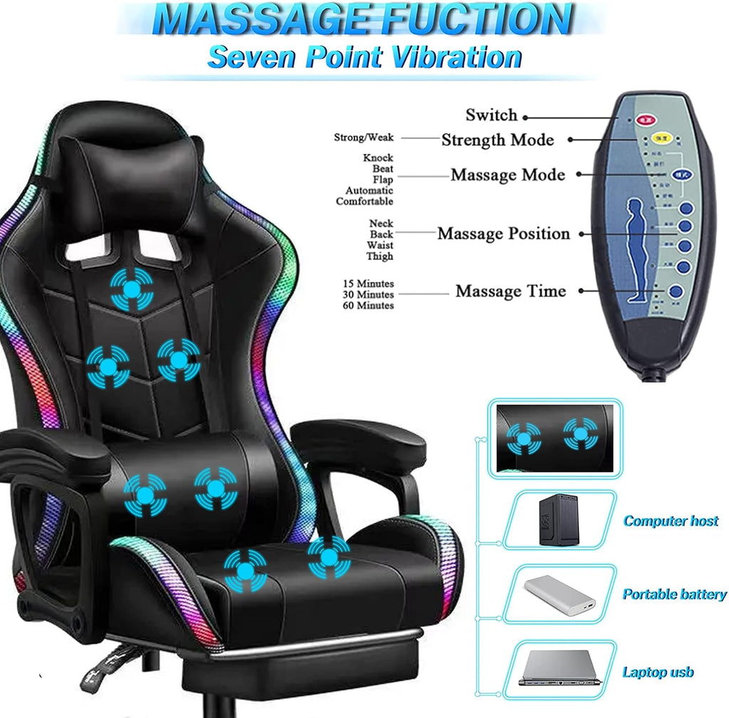 Gaming Chair with Speakers and RGB Lights, Video Game Chairs Ergonomic Pro Office Chair with Full Massage Lumbar Support, 90°-135° Backrest Adjustable Computer Chairs with Footrest,Red