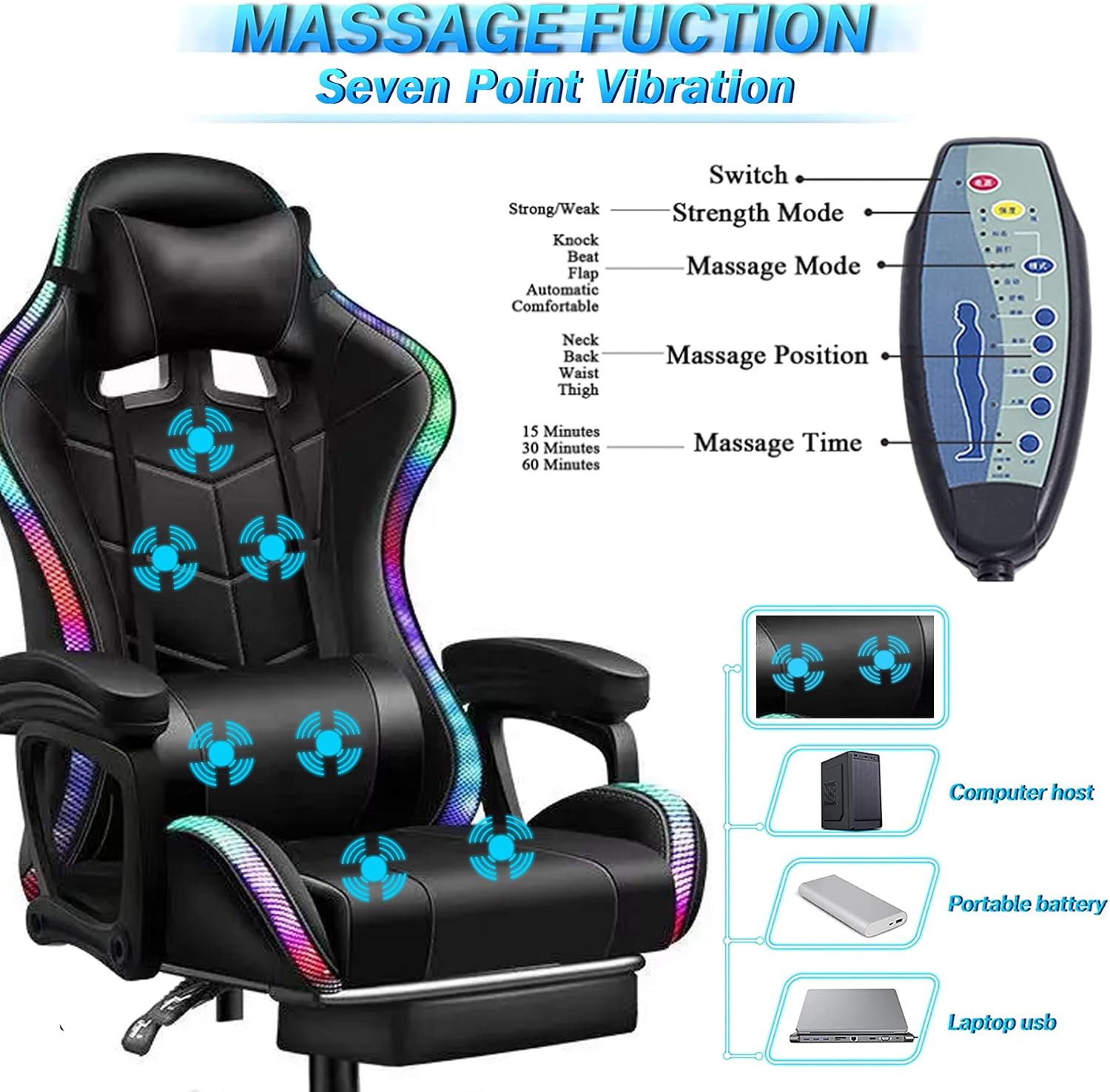 Gaming Chair with Speakers and RGB Lights, Video Game Chairs Ergonomic Pro Office Chair with Full Massage Lumbar Support, 90°-135° Backrest Adjustable Computer Chairs with Footrest,Red