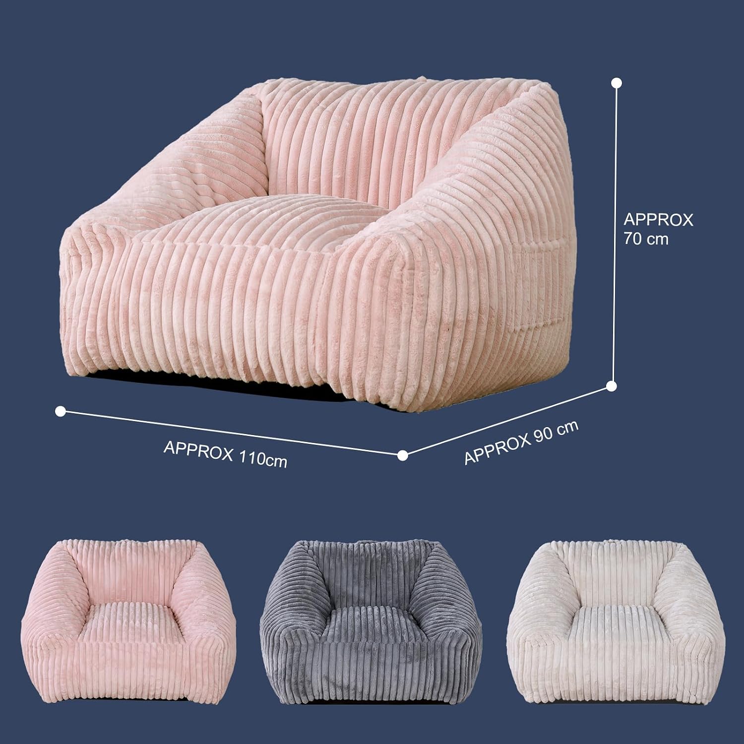 Bean Bag Chair with Memory Foam Filling- Large Stuffable Soft Giant Beanbag Reading Chair, Adults Lounge Gaming Lazy Sofa Bed for Living Room Bedroom- Pink,Stripe Fur