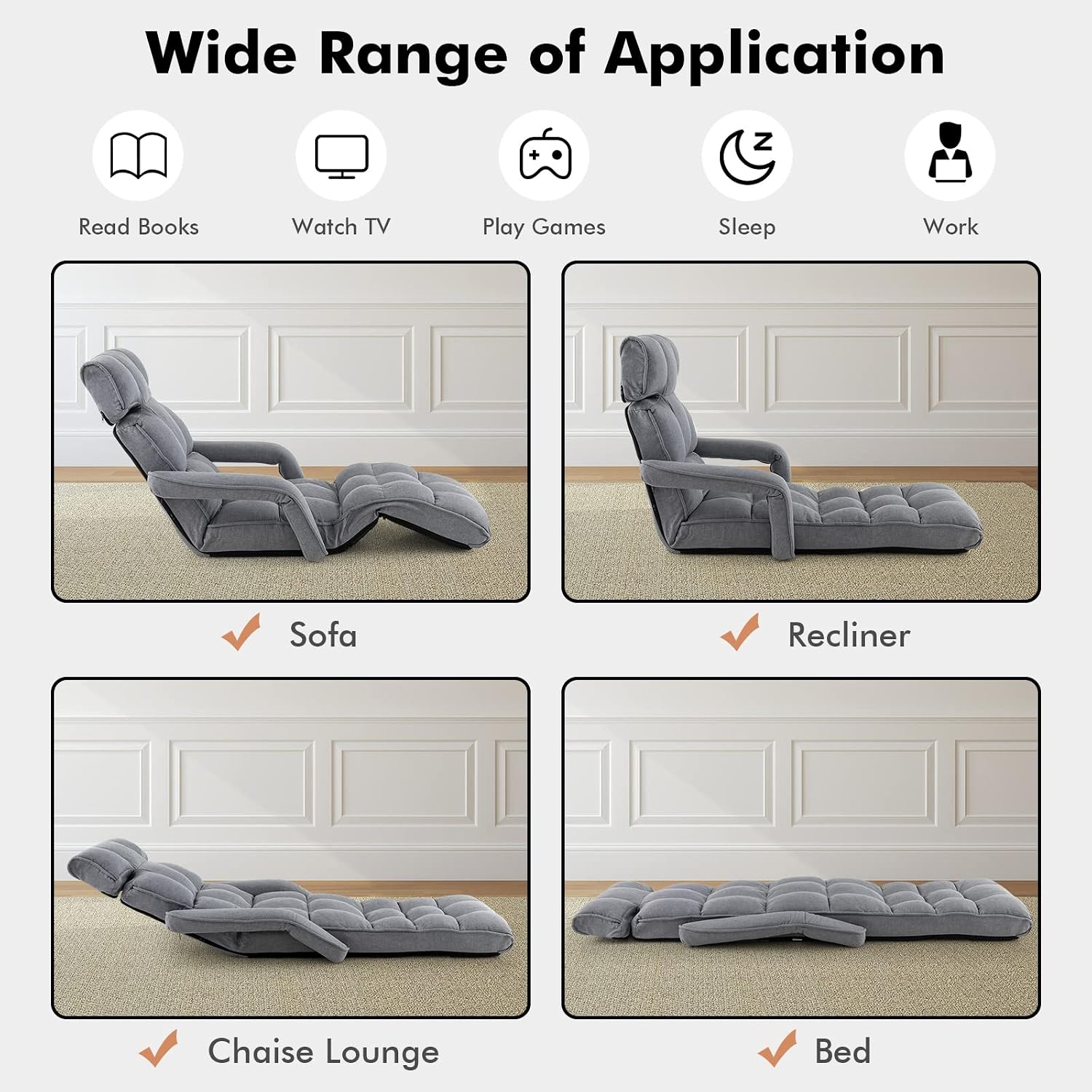 Moccha Floor Chairs for Adults, Adjustable 6-Position Floor Lounger w/Adjustable Armrests, Backrest & Footrest, No Assembly Folding Lazy Sofa Chair for Gaming, Light Weight Chaise Lounge