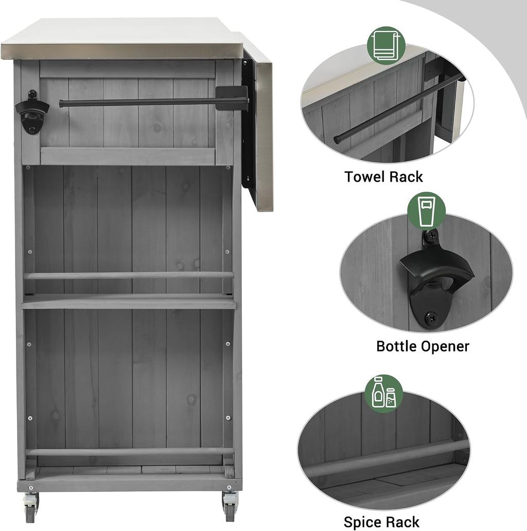 Merax XL Outdoor Table with Stainless Steel Top for Kitchen Prep and Storage Cabinet for Grilling Accessories, Outdoor Kitchen Island Grill Cart with Towel and Spice Racks & a Bottle Opener, Grey