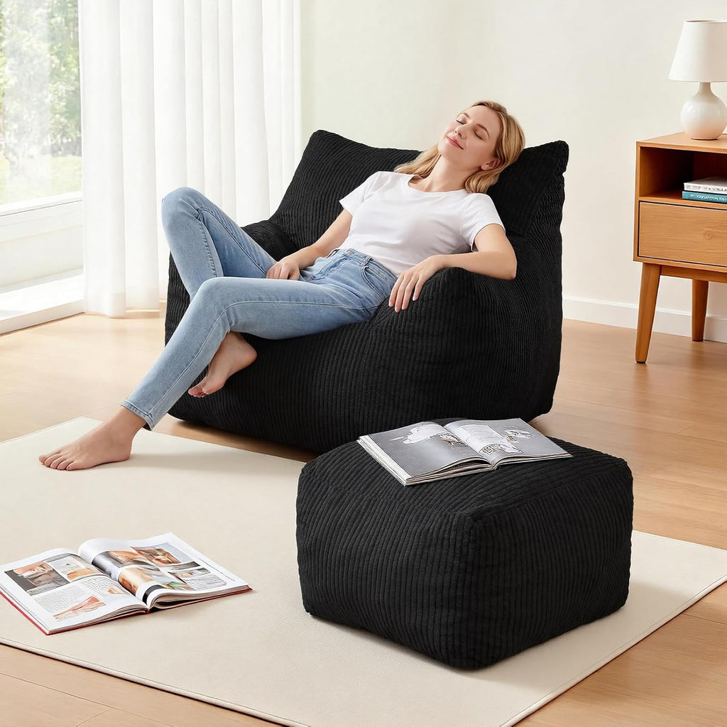 INMOZATA Memory Foam Bean Bag Chair with Ottoman, Oversized Plush Corduroy Cloud Couch, Beanbag Set for Adults & Teens, Comfy Lounge Sofa Gift for Bedroom, Dorm & Reading Nook (Black)
