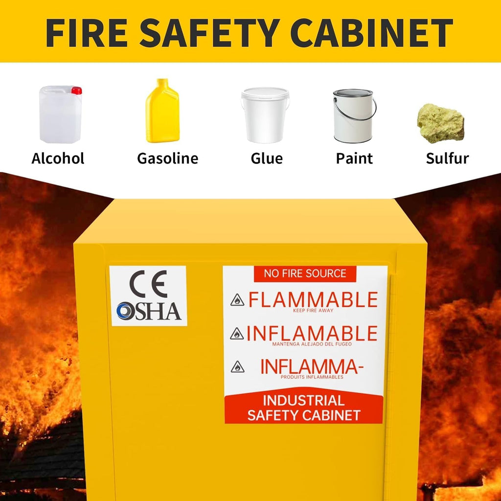 Flammable Cabinet, 18 Gallon Hazardous Storage Cabinets, Galvanized Steel Safety Storage Cabinet, Adjustable Shelf Fireproof Cabinet, for Commercial Industrial and Home Use, Yellow, 35H x 18W x 18.2D