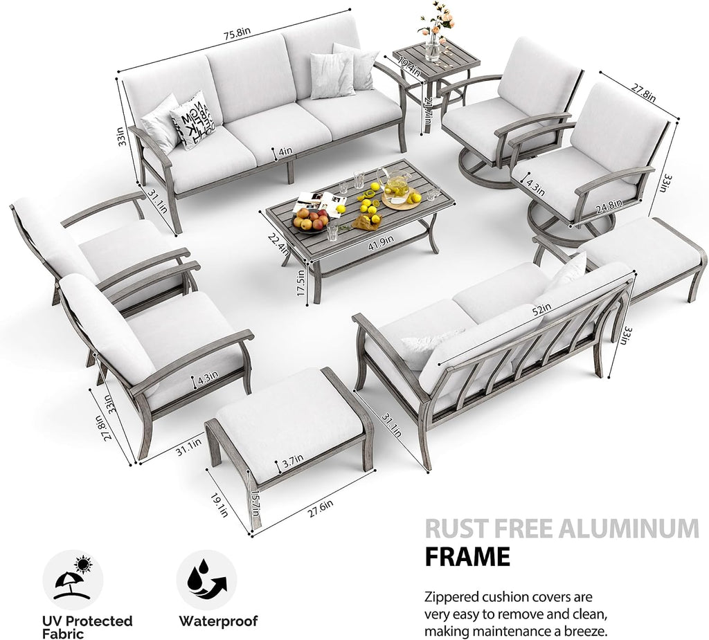 HAPPATIO 10 Piece Aluminum Patio Furniture Set, 3-Seat Outdoor Couch and Loveseat, All-Weather Outdoor Sectional Sofa with Swivel Armchairs and Ottomans, Garden Conversation Set(Gray)
