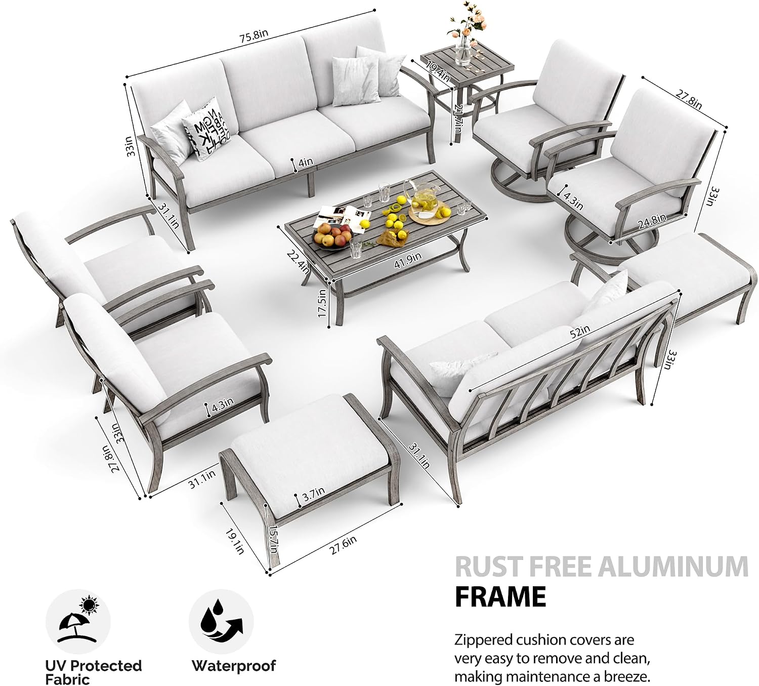 HAPPATIO 10 Piece Aluminum Patio Furniture Set, 3-Seat Outdoor Couch and Loveseat, All-Weather Outdoor Sectional Sofa with Swivel Armchairs and Ottomans, Garden Conversation Set(Gray)