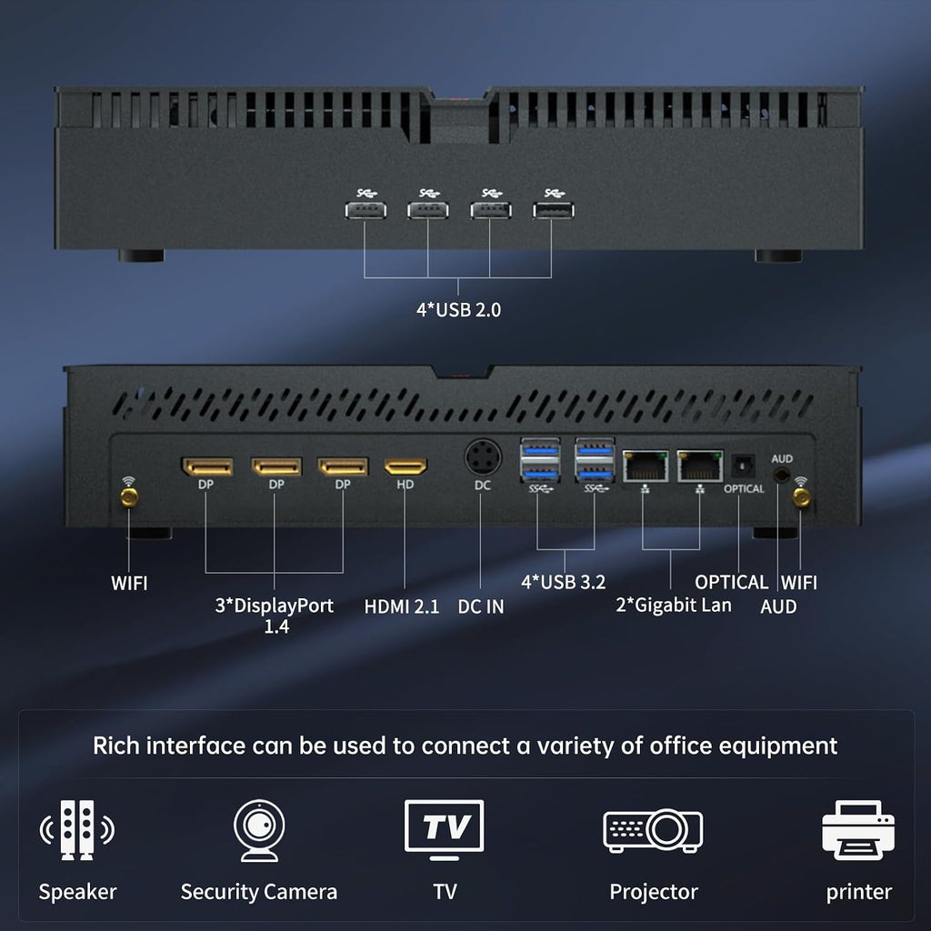 Mini PC Gaming, Desktop Computer i9-14900F 24 Cores Upto 5.8GHz, 32G DDR5, 1T M.2 PCIE4.0 SSD, Windows 11 Pro, GeForce RTX4070 12G, Four Display, 8K@60Hz Outputs, Dual LAN, WiFi6E/BT5.3