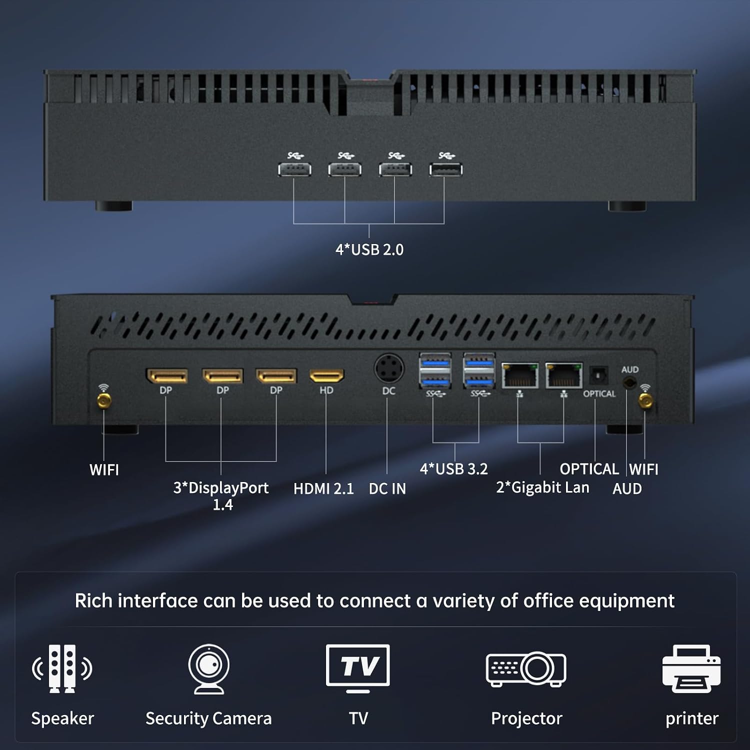 Mini PC Gaming, Desktop Computer i9-14900F 24 Cores Upto 5.8GHz, 32G DDR5, 1T M.2 PCIE4.0 SSD, Windows 11 Pro, GeForce RTX4070 12G, Four Display, 8K@60Hz Outputs, Dual LAN, WiFi6E/BT5.3