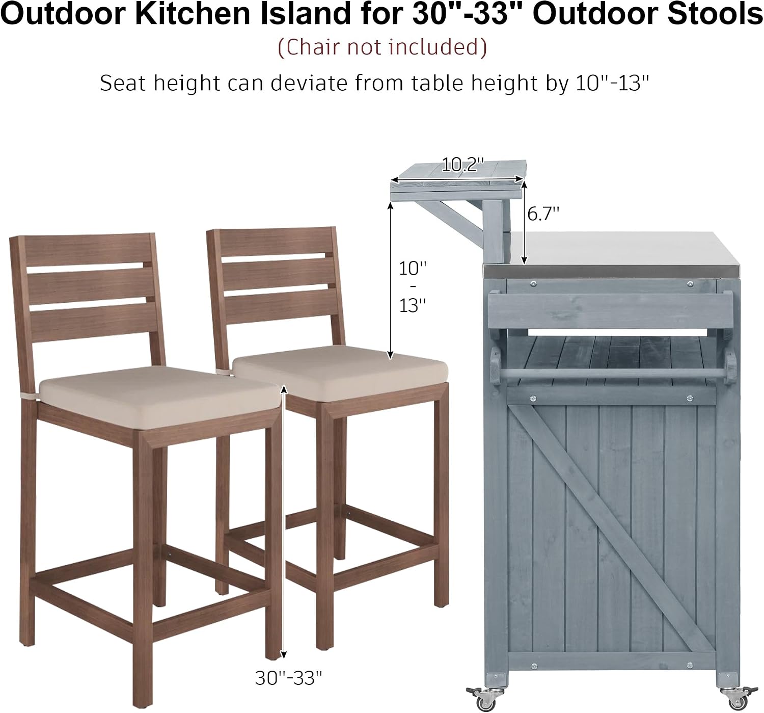 Outdoor Kitchen Island with Stainless Steel Top, 53.3' Rolling Grill Cart with Adjustable Shelves, Raised Shelf, Lockable Wheels, Portable Outdoor Table and Bar Storage Cabinet for Patio