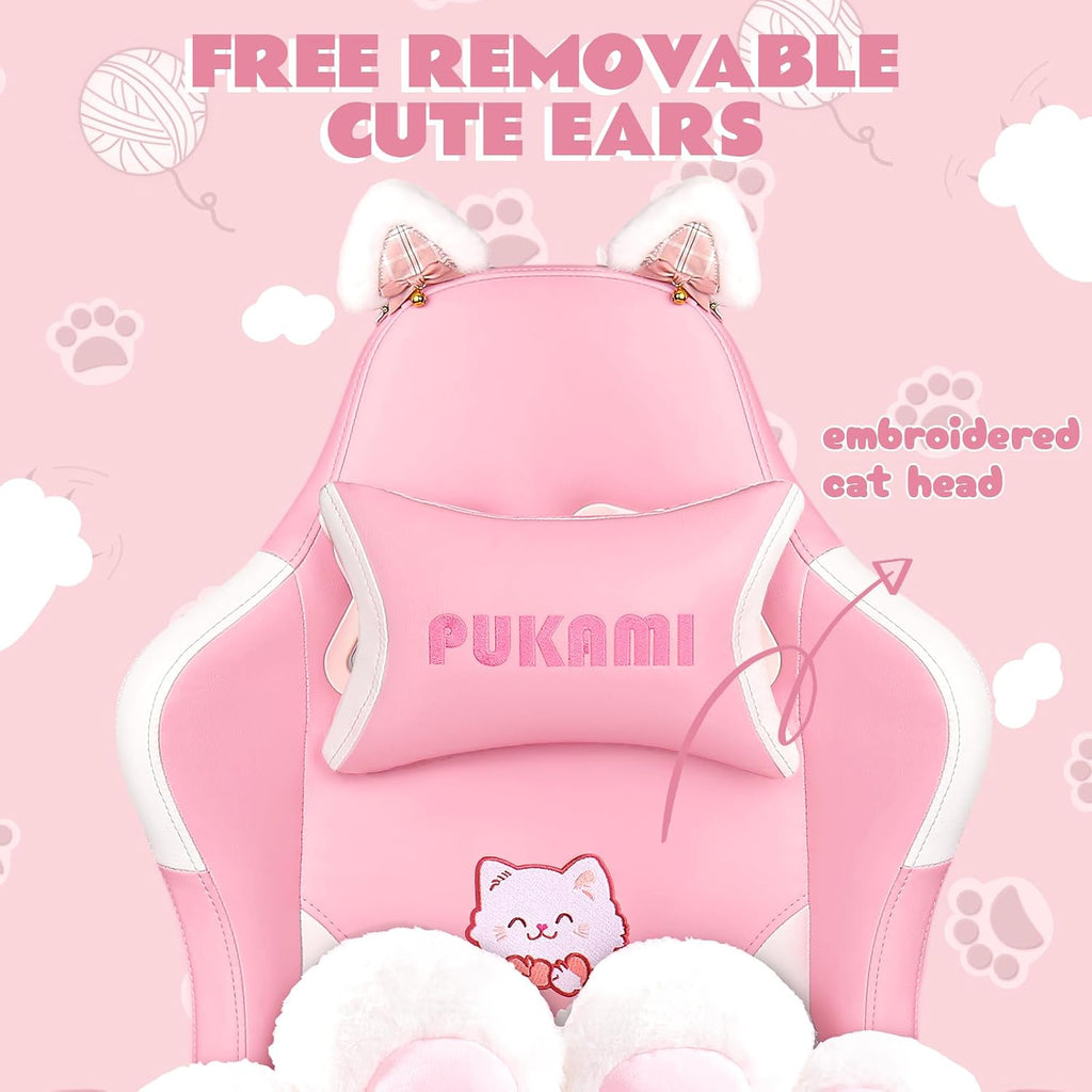 VITESSE Pink Gaming Chair for Girl with Cat Paw Lumbar Cushion and Cat Ears,Ergonomic Computer Chair for Girl with Footrest and Headrest Comfortable Reclining PC Game Chair for Adult,Kid (White)