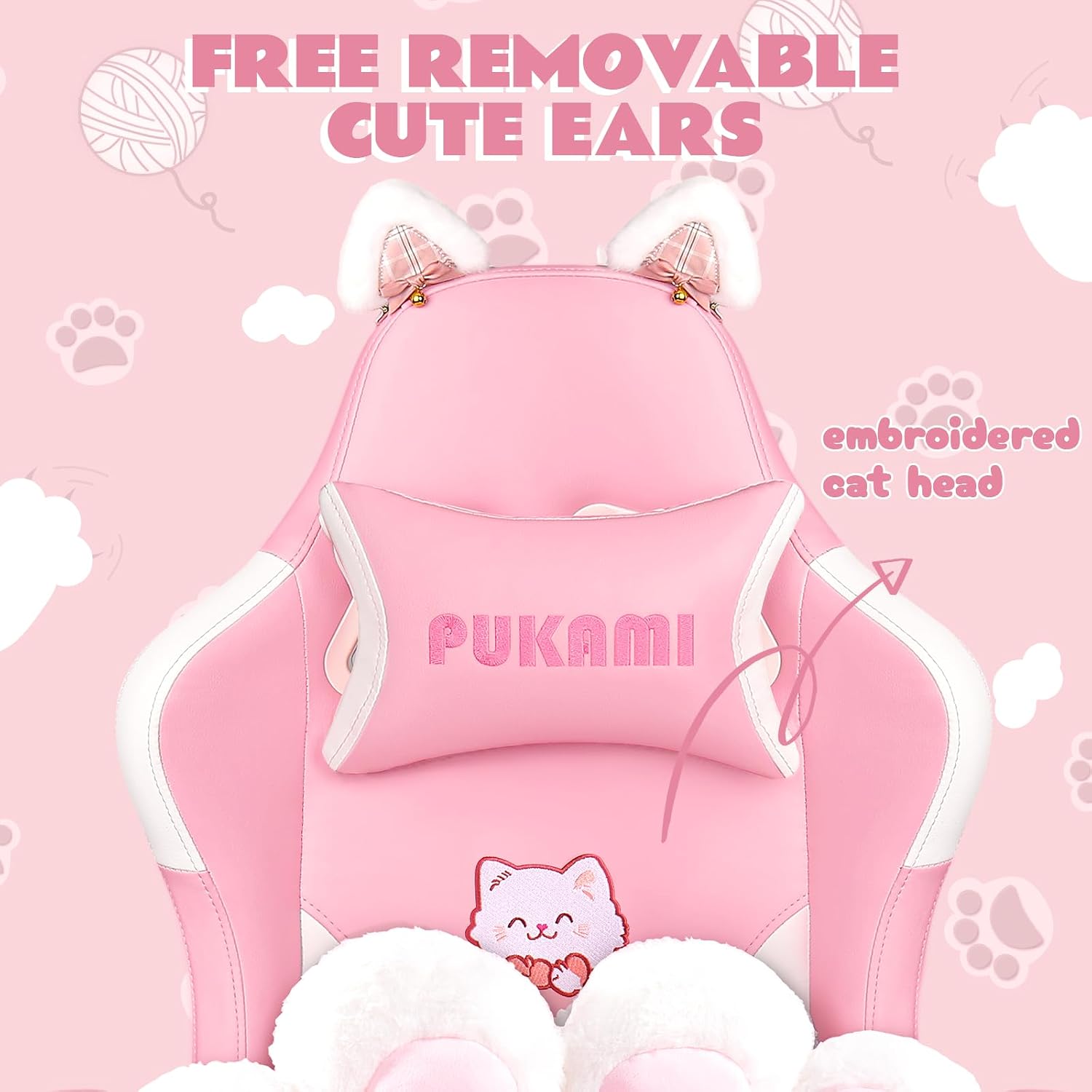 VITESSE Pink Gaming Chair for Girl with Cat Paw Lumbar Cushion and Cat Ears,Ergonomic Computer Chair for Girl with Footrest and Headrest Comfortable Reclining PC Game Chair for Adult,Kid (White)