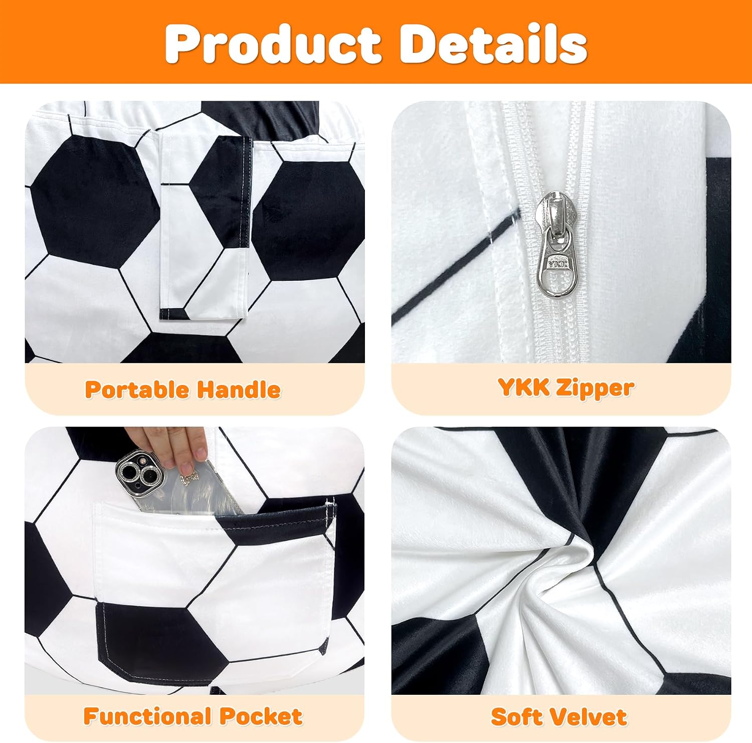 Lukeight Soccer Bean Bag Chair for Teens and Adults, Memory Foam Filled Floor Lounger, Washable Velvet Cover with Inner Liner, Beanbag Chair with Filling for Gaming and Reading, XX-Large 36'D x 20'H