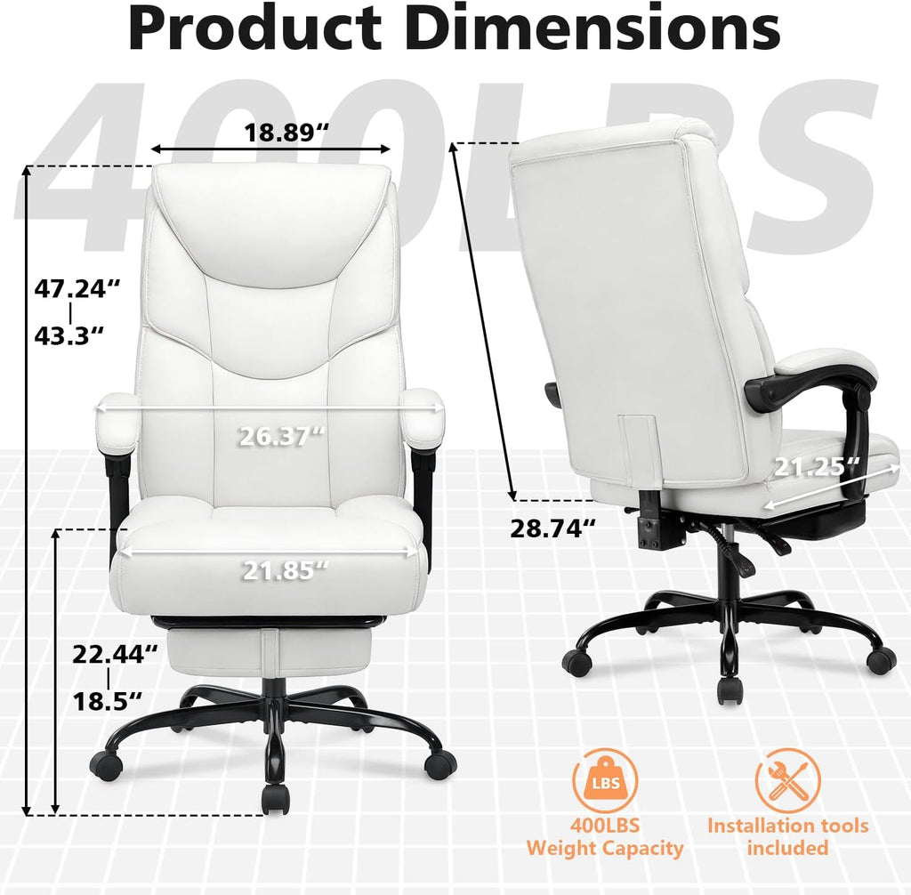 WAILOR 400lbs Office Chair with Foot Rest, Reclining Big and Tall Office Chair with Lumbar Support, High Back PU Leather Computer Chair,Comfy Desk Chair for Home Office (Casual) (White)