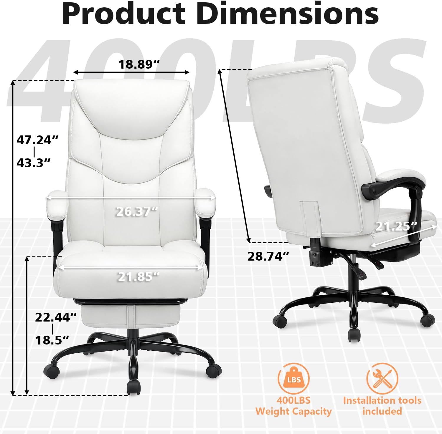 WAILOR 400lbs Office Chair with Foot Rest, Reclining Big and Tall Office Chair with Lumbar Support, High Back PU Leather Computer Chair,Comfy Desk Chair for Home Office (Casual) (White)