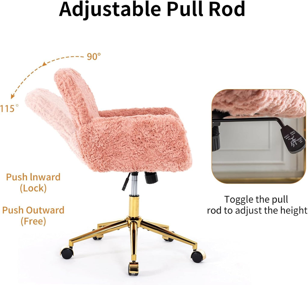 Shenyon Pink Desk Chair Faux Fur Vanity Chair, Comfortable Home Office Chair with Wheels for Women, Swivel Wide Office Chair Makeup Chair Height Adjustable for Office, Study, Bedroom, Pink