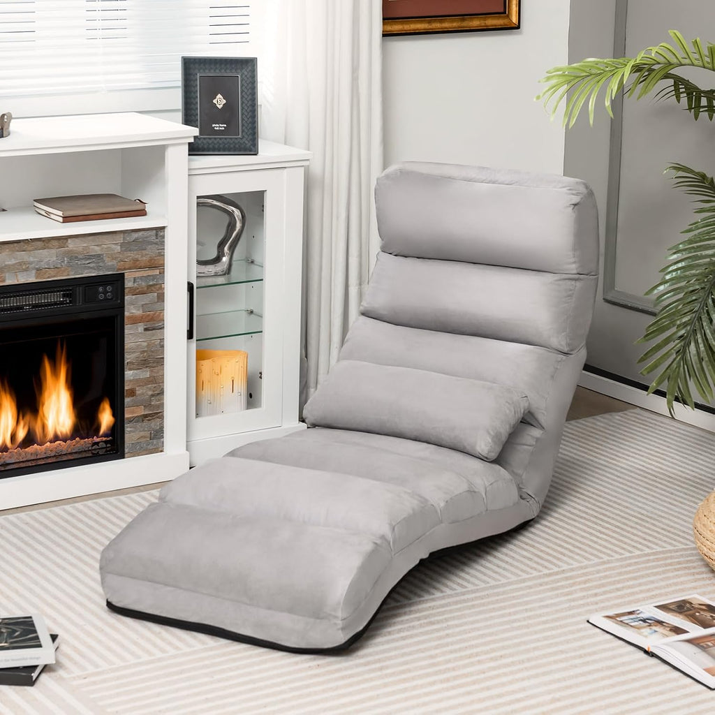 Moccha Floor Chairs for Adults, Adjustable 5-Position Floor Lounger w/Thick Padded & Pillow, No Assembly Folding Lazy Sofa Chair for Gaming, Light Weight Chaise Lounge (Without Armrest, Grey)