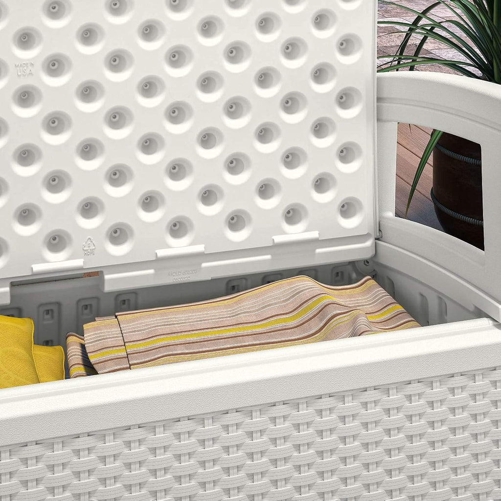 Suncast Elements Stylish Lightweight Loveseat Outdoor Seating with Convenient Built in Universal Storage, and All Weather Resin, White