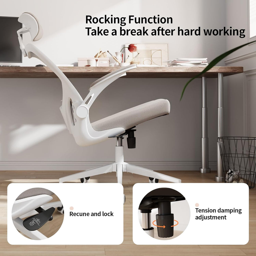Office Chair Ergonomic Desk Chair with Lumbar Support&Headrest&Flip-up Arms Height Adjustable Rocking Swivel High Computer Chair Multi-Angle from 90° to 125° with 350LBS Capacity(White+Khaki-2)