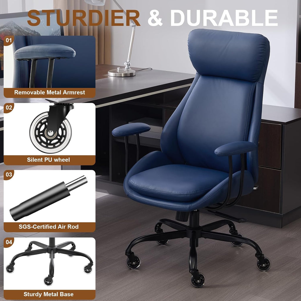 E-Motie Office Chair, Leather Desk Chair with Rubber Wheels, Ergonomic Computer Chair 500 LBS with Lumbar Support, High Back Executive Chair for Modern Home Office, Blue