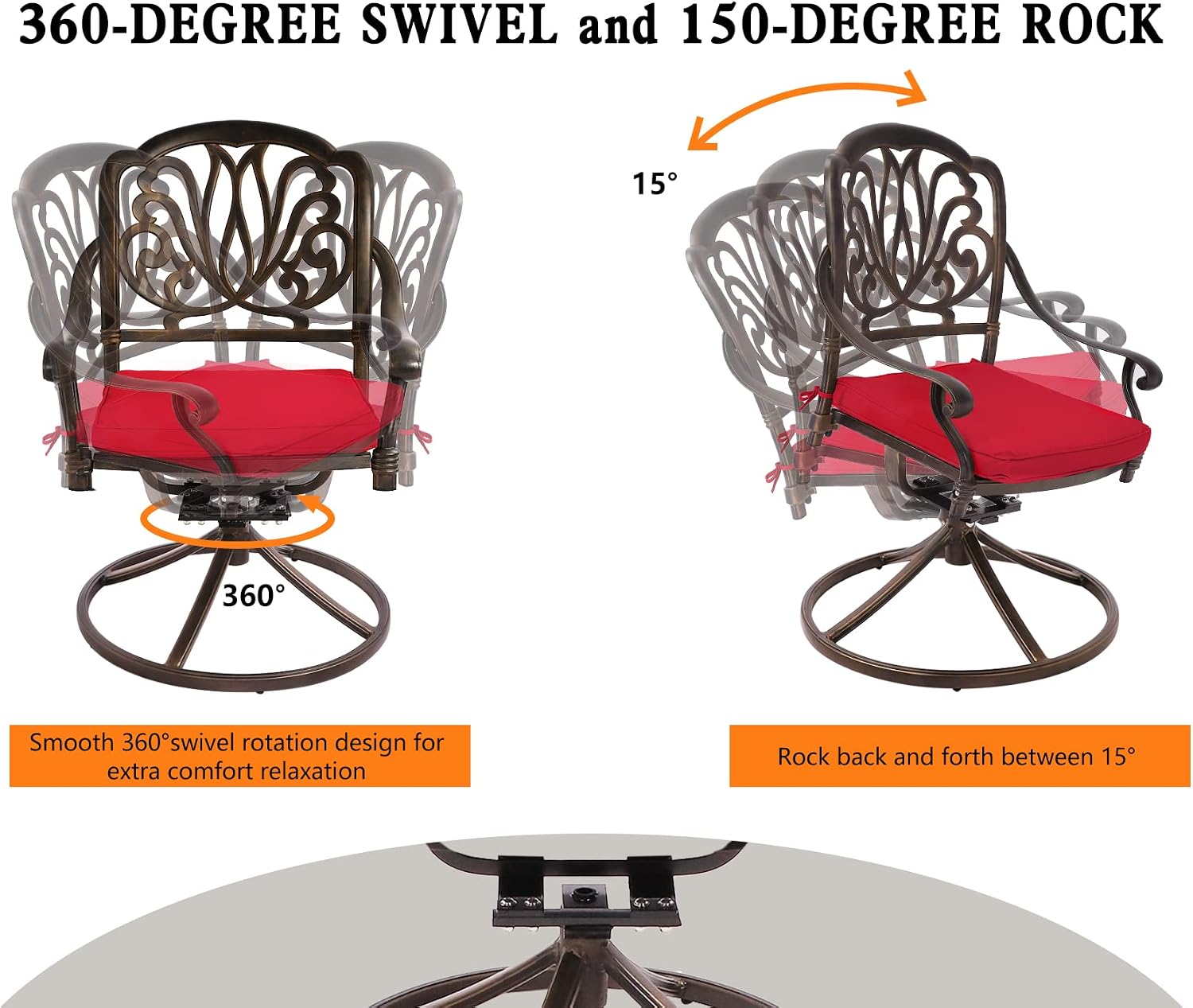 Grepatio 5 Piece Outdoor Dining Set Cast Aluminum Patio Dining Set Table and Chairs Outside Furniture 4 Swivel Chairs with Cushion and 1 Umbrella Round Dining Table for Lawn Garden Patio (Red)