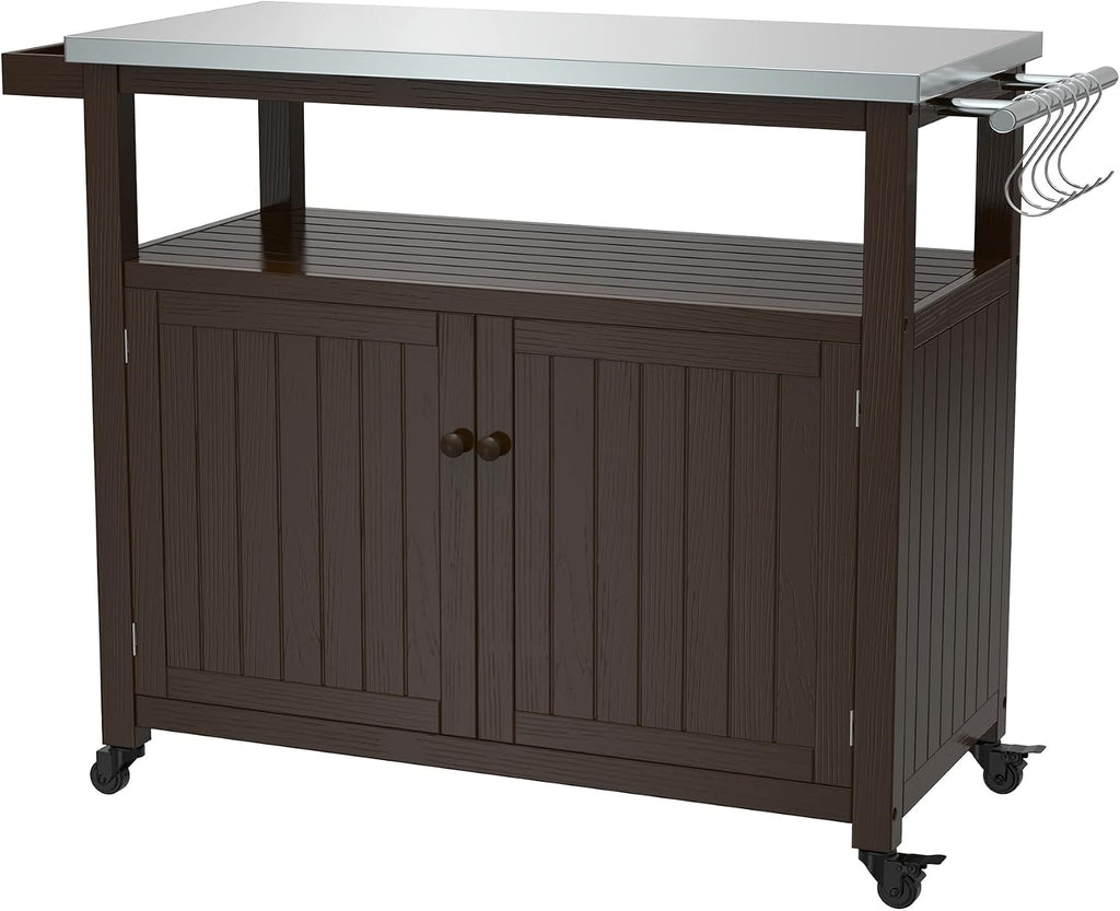 GDLF Outdoor Storage Cabinet Solid Wood Prep Grill Table with Stainless Steel Top Waterproof Cover Dark Brown