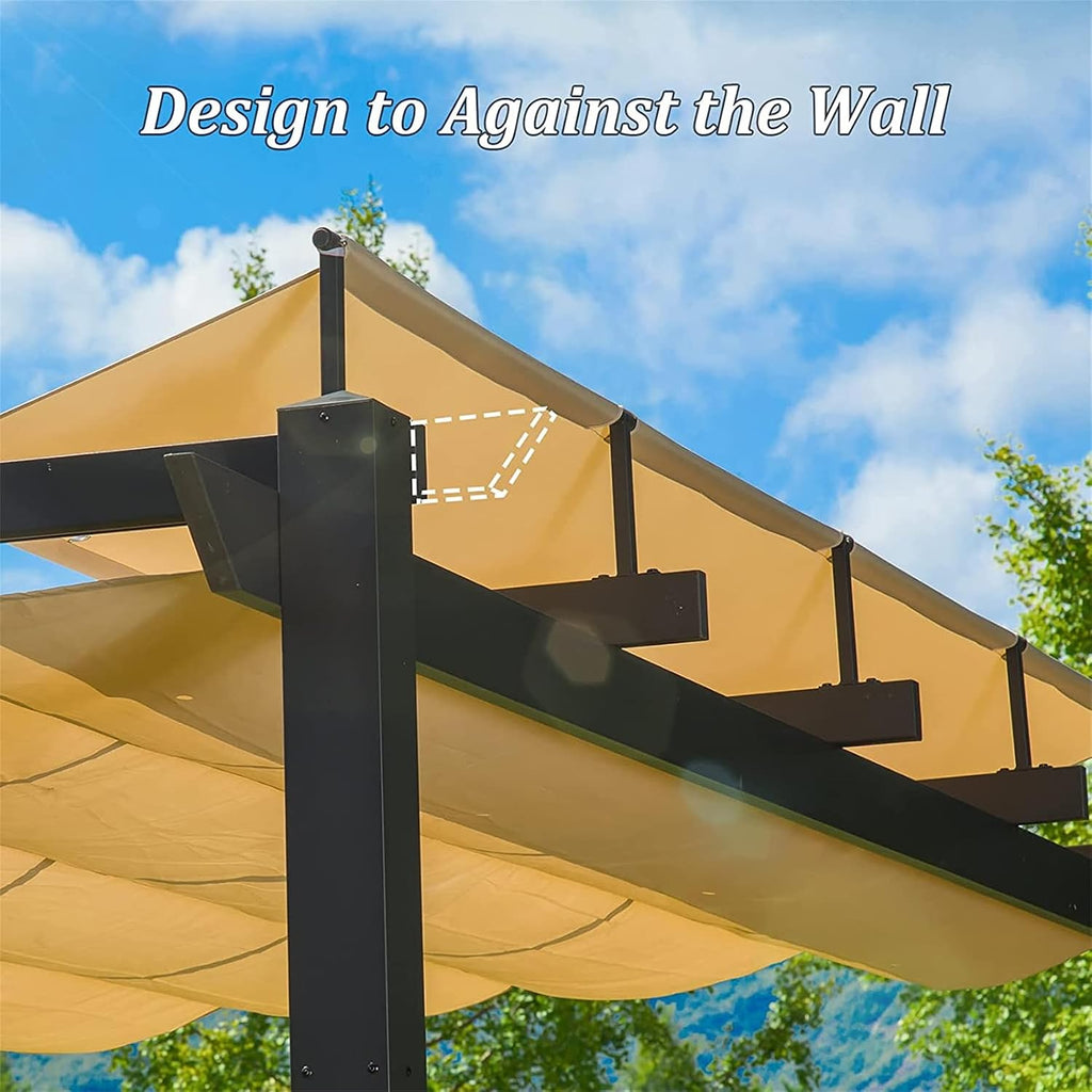 13 x 9 Ft Outdoor Patio Retractable Pergola with Canopy, Aluminum Sunshelter Pergola Grill Gazebo, Modern Sun Shelter Pergola for Gardens, Terraces, Backyard, Dark Grey+Khaki