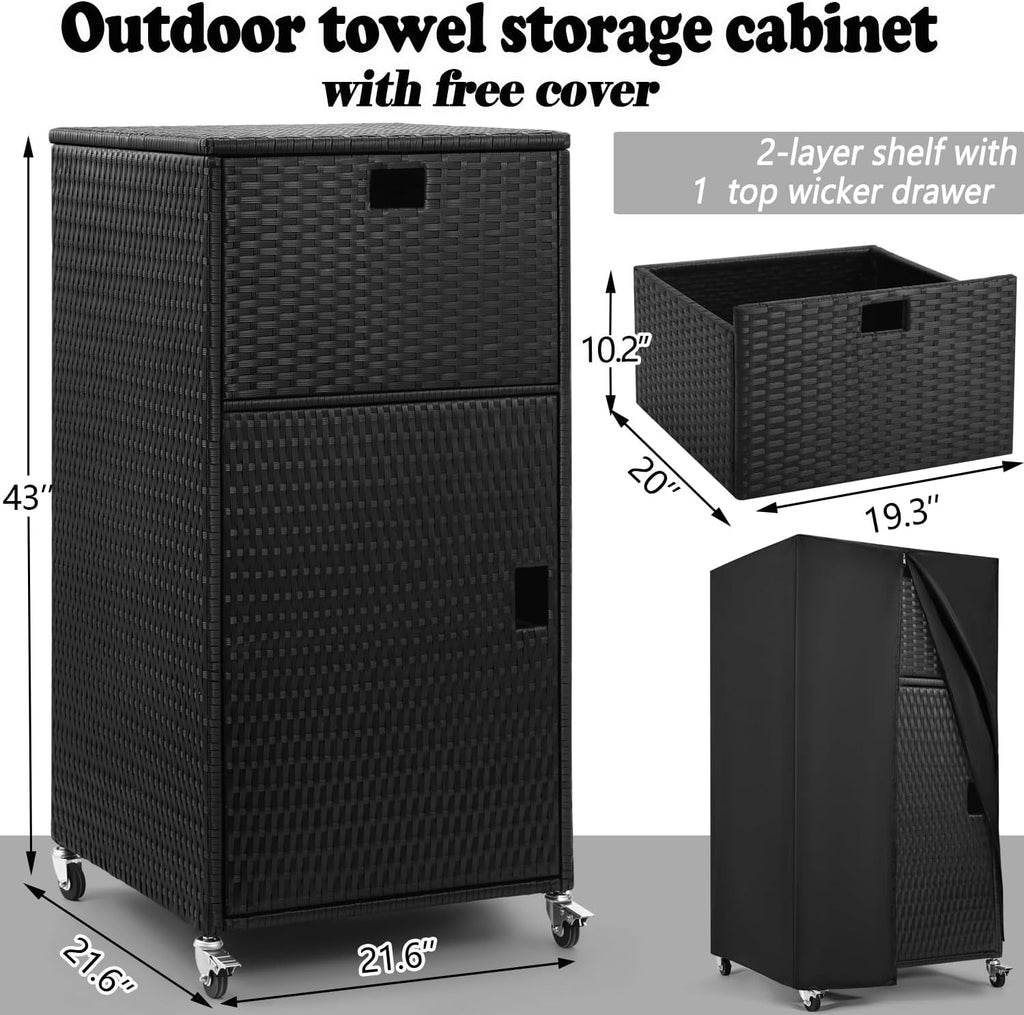 Outdoor Pool Towel Storage Cabinet Outdoor Towel Rack for Pool with Shelf & Drawer Pool Towel Hoder with Rolling Wheels Hot Tub Towel Rack W/Waterproof Cover Poolside Towel Valet Caddy for Spa Black