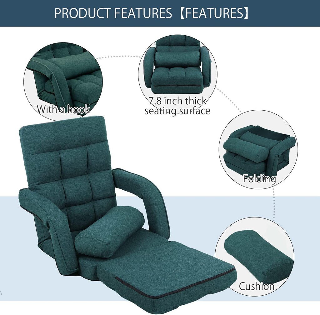 14-Position Adjustable Floor Chair, Chaise Lounge Indoor, Folding Lazy Sofa with Armrests and a Pillow Padded Adults Gaming Chairs for Living Room, Bedroom Factory Price (Green) 8803GN