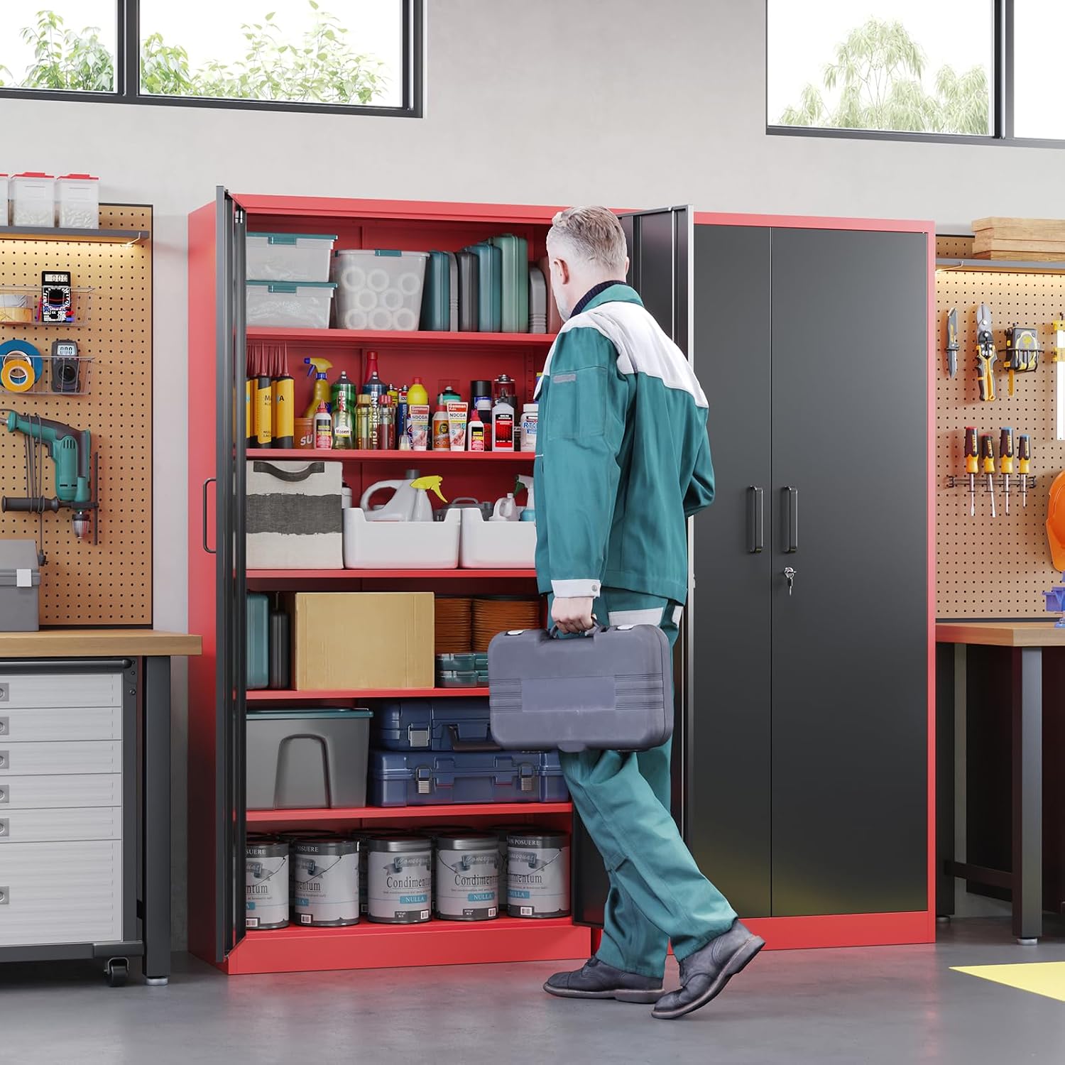 Letaya Metal Garage Storage Cabinets with Lock, 72' Tall Locker Organizer Steel Tool Cabinets,5 Adjustable Shelves 2 Doors for Home Office, Warehouse,Garage,Industrial,Employee (Black Red)