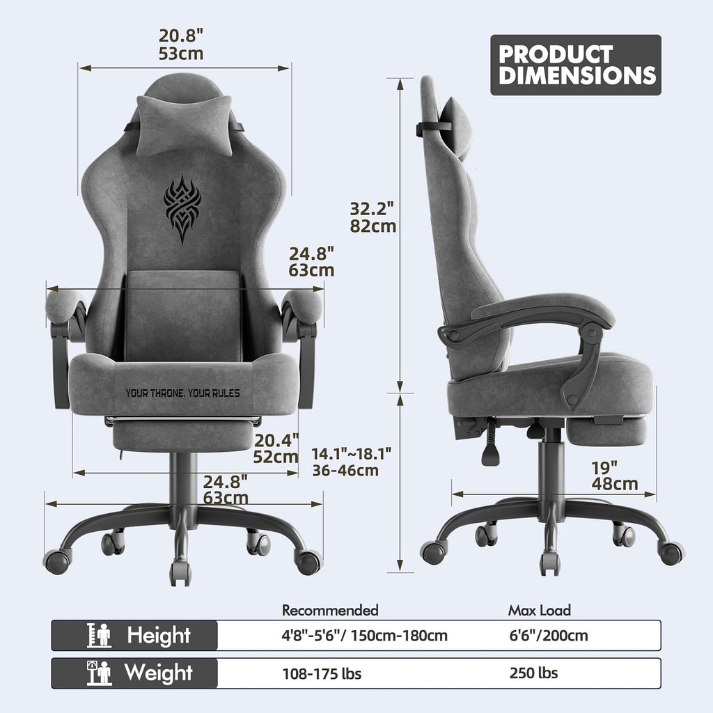 Soontrans Dark Grey Velvet Fabric Gaming Chairs with Footrest, Ergonomic Comfortable Video Gamer Chair, Reclining Office Computer Desk Game Chairs with Massage Lumbar Cushion,Headrest for Adult