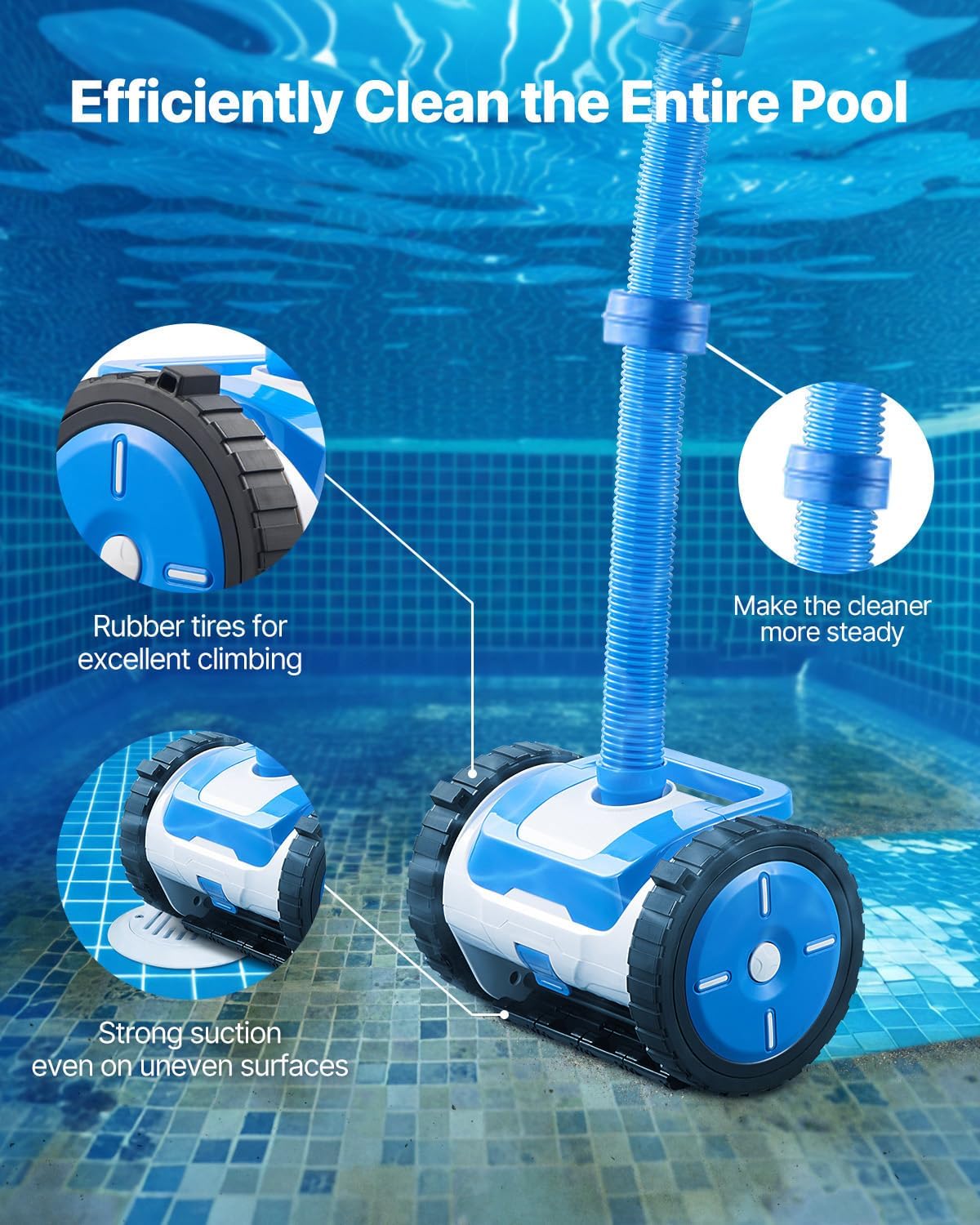 VEVOR Suction Pool Cleaner, Automatic Pool Vacuum Cleaner, Suction Side Automatic Pool Cleaner, Suction Vacuum Pool Sweeper with 2 Wheels, for In-ground Pool and Above-Ground Pool Up to 20 x 40 ft