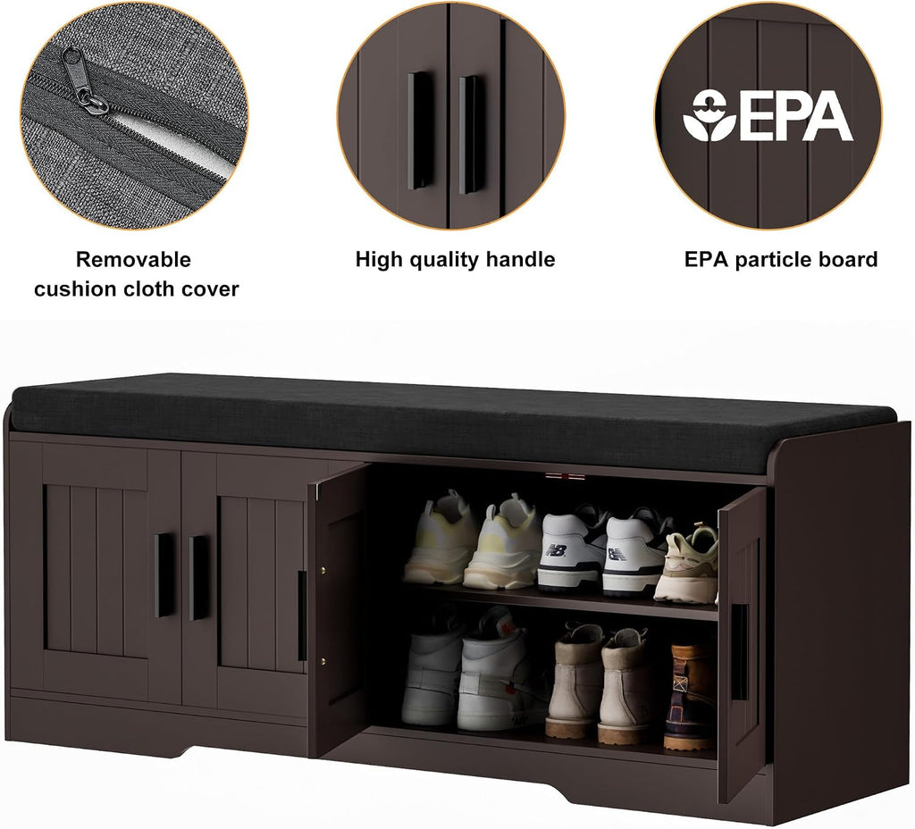 Homleke 2-Tier Storage Bench, Shoe Bench with Thickened Padded Seat Cushion, Entryway Bench with 4 Doors, Adjustable Shelf, 13.8' D x 45.3' W x 18.5' H, for Entryway, Living Room, Bedroom, Brown