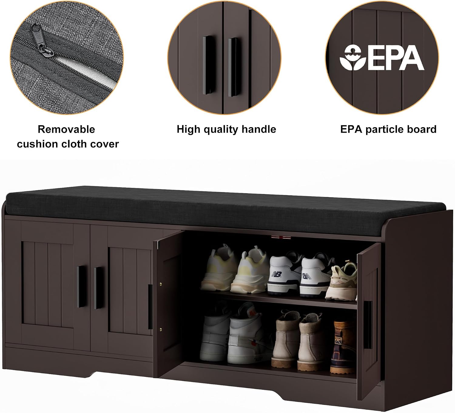Homleke 2-Tier Storage Bench, Shoe Bench with Thickened Padded Seat Cushion, Entryway Bench with 4 Doors, Adjustable Shelf, 13.8' D x 45.3' W x 18.5' H, for Entryway, Living Room, Bedroom, Brown