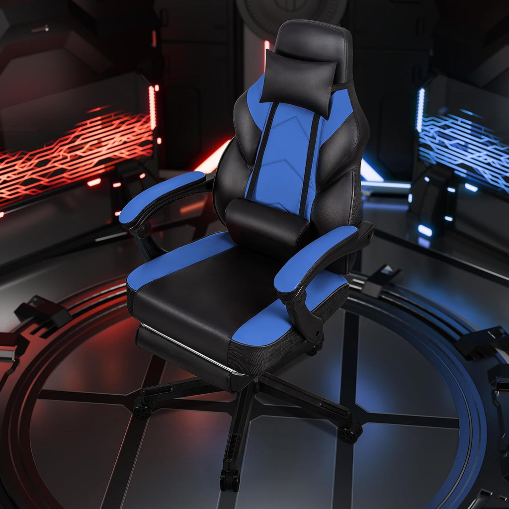 SUNLEI Gaming Chair for Adults, Ergonomic PU Leather Office Chair with Headrest & Footrest, Video Game Chairs with Massage Lumbar Support, Height Adjustable Computer Chair with 360° Swivel, Blue
