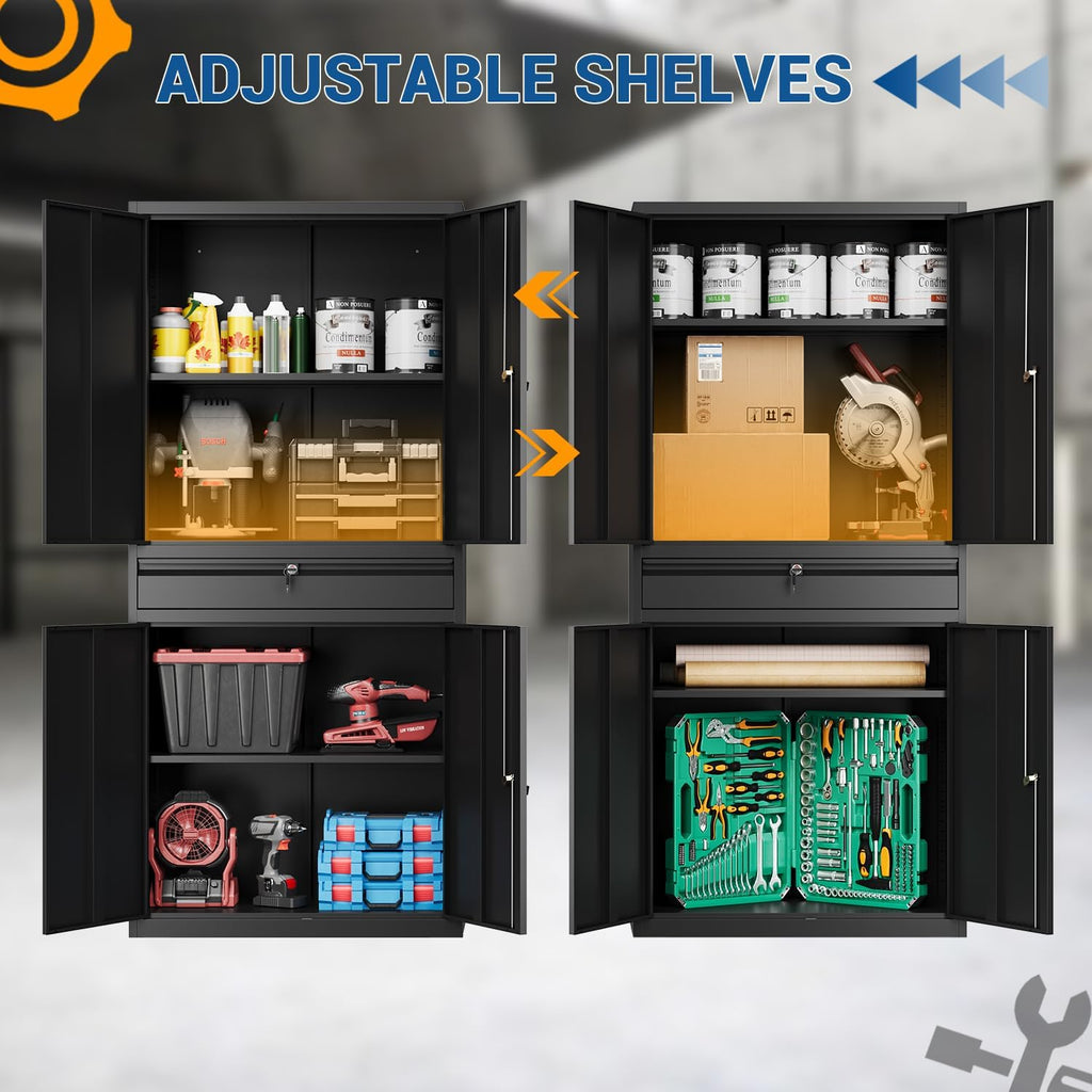 Fesbos 71' Metal Cabinet-Black Heavy Duty Storage File Cabinet Steel Tool Cabinets with Shelves, Lockable Doors and Drawers- for Garage, Pantry, Warehouse - Assembly Required