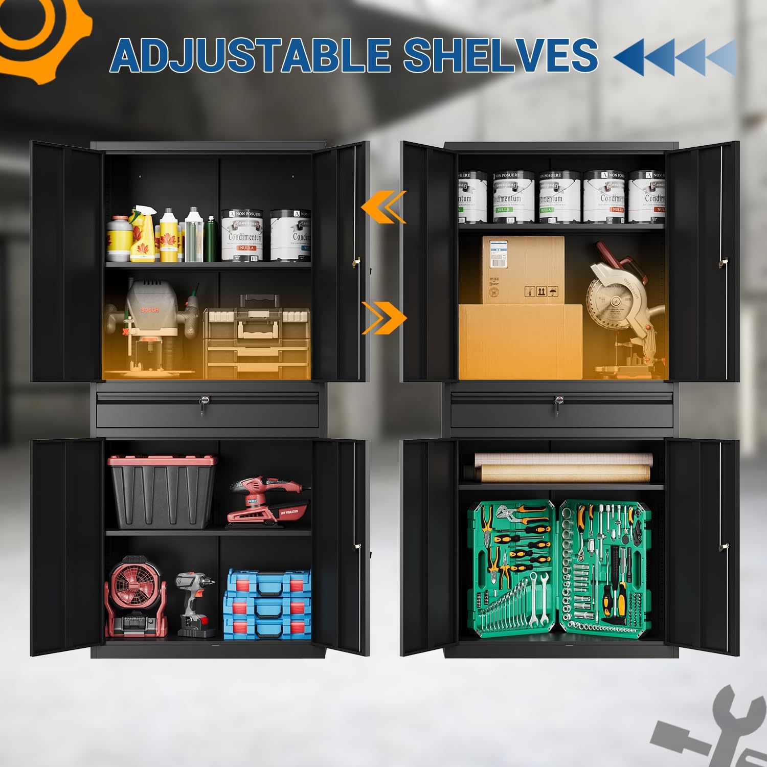 Fesbos 71' Metal Cabinet-Black Heavy Duty Storage File Cabinet Steel Tool Cabinets with Shelves, Lockable Doors and Drawers- for Garage, Pantry, Warehouse - Assembly Required
