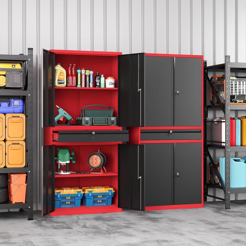 Metal Garage Storage Cabinet with Locking Doors and Drawer, 71' Steel Tool Storage Cabinet with Adjustable Shelves for Garage,Office,Warehouse (Red Black)