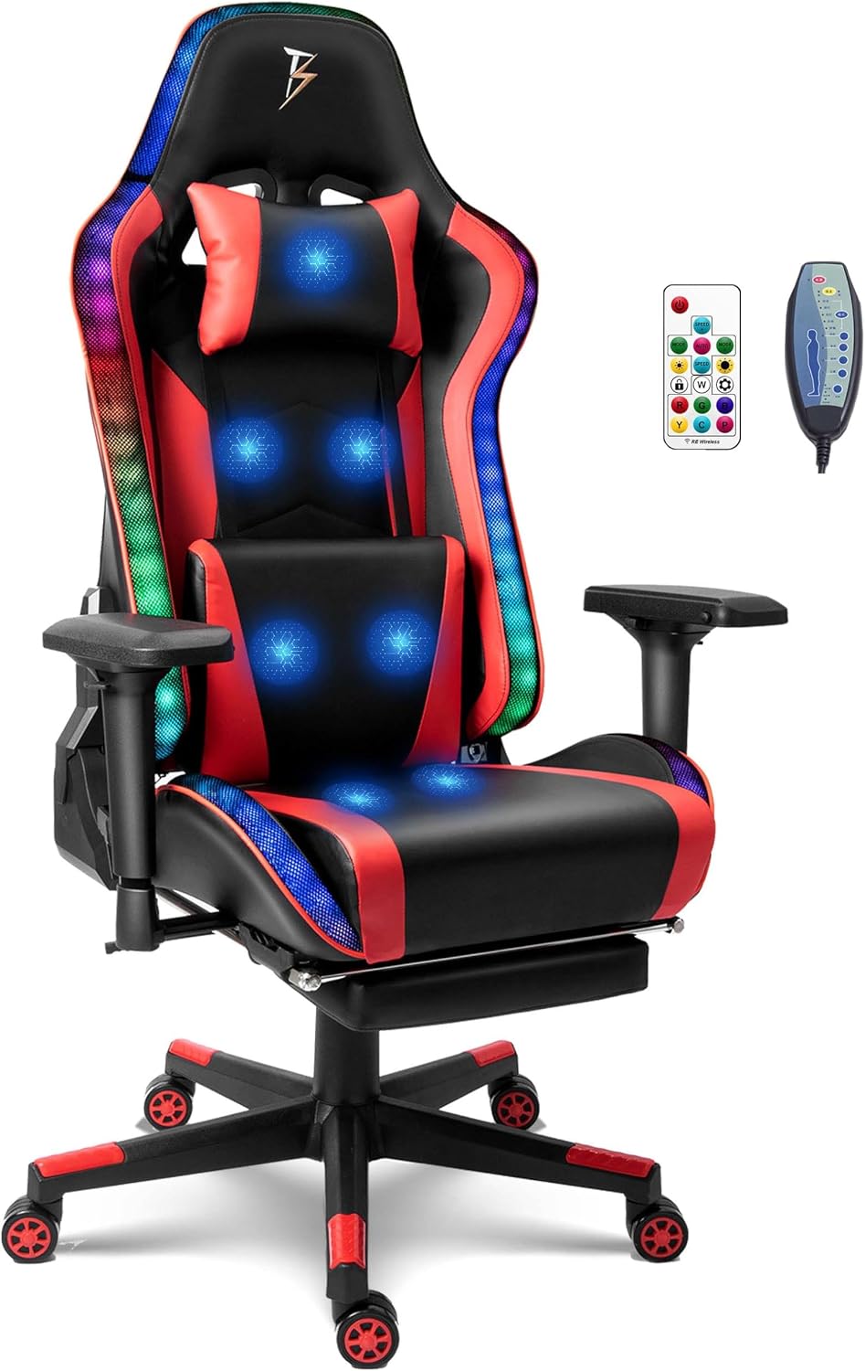 Full Massage High Back Gaming Chair, PC Chair with Footrest and Massage Lumbar Support, Adult Video Gaming Chair with Speakers and RGB Lights, Ergonomic Computer Chair.,Red