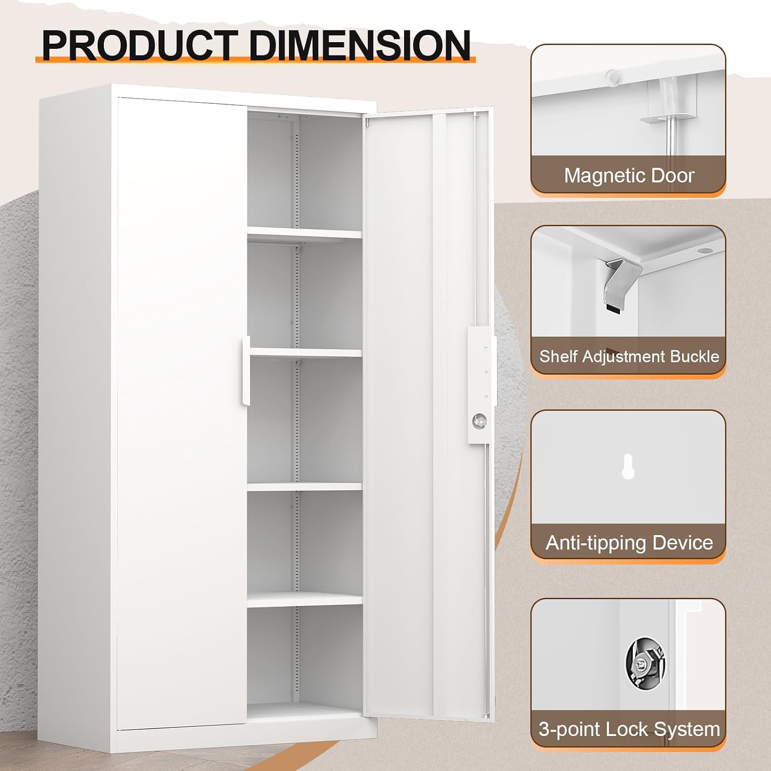 IRONFFICE Metal Locking Cabinet,Metal Storage Cabinet with Doors and Shelves,Tall White Cabinets for Home Office,Garage,Warehouse