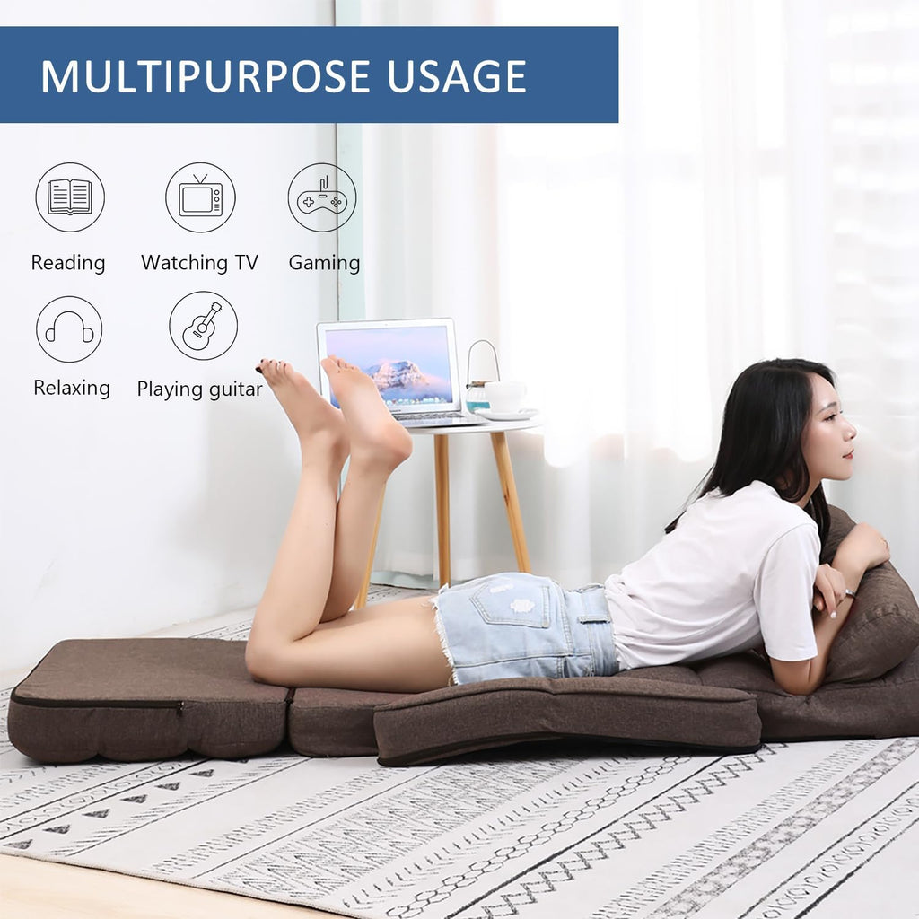42-Position Adjustable Floor Chair, Chaise Lounge Chair Indoor,Comfy Folding Lazy Sofa Chair for Adults with Armrests and a Pillow Padded,Gaming Chairs for Living Room,Bedroom,Fabric,Brown