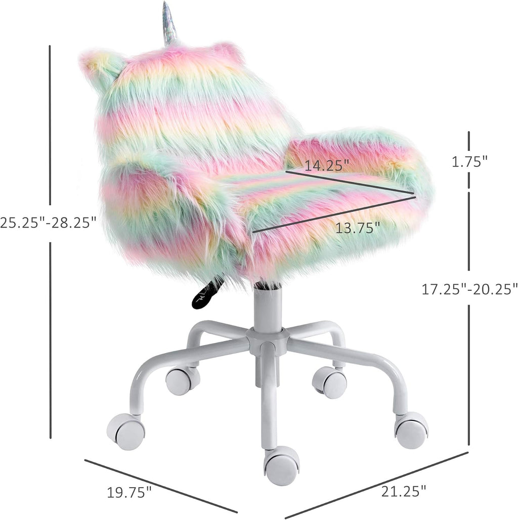 HOMCOM Fluffy Unicorn Office Chair with Mid-Back and Armrest Support, 5 Star Swivel Wheel White Base, Rainbow