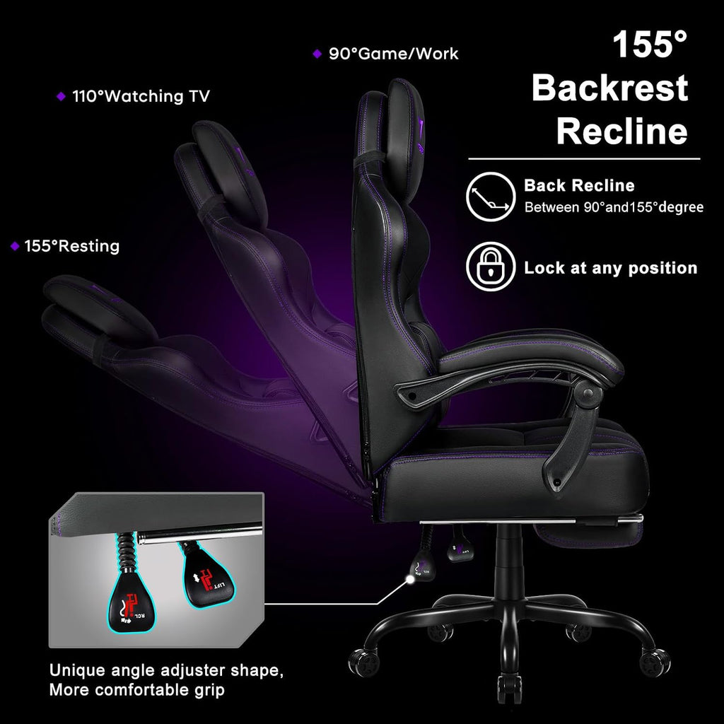VITESSE Big and Tall Gaming Chair with Footrest,Ergonomic Video Gaming Chair with Oversized Headrest and Lumbar Support for Adults 400lb Weight Capacity,Computer Chair for Office or Gaming (Purple)