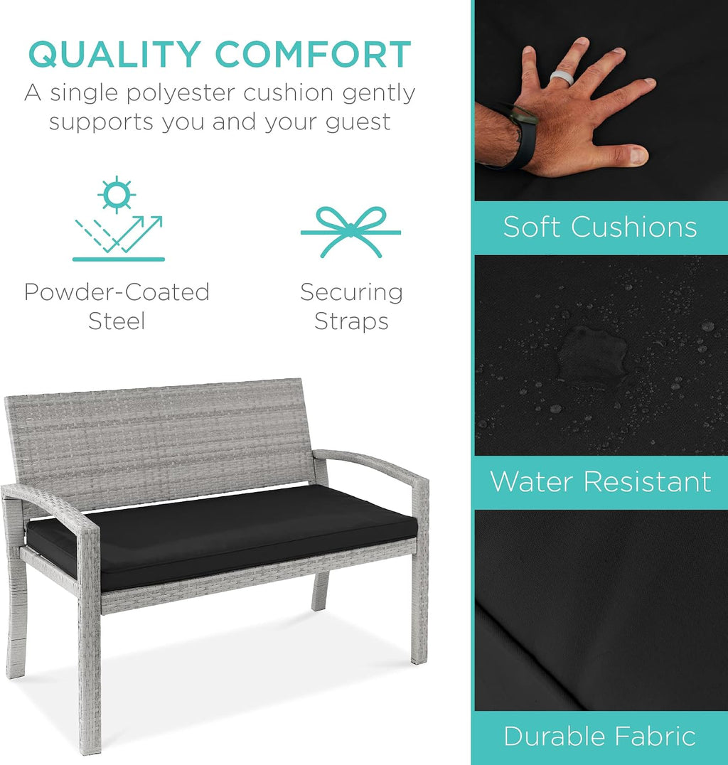 Best Choice Products Outdoor Bench 2-Person Wicker Garden Patio Benches Seating Furniture for Backyard, Porch w/Seat Cushion, 700lb Capacity - Gray/Black