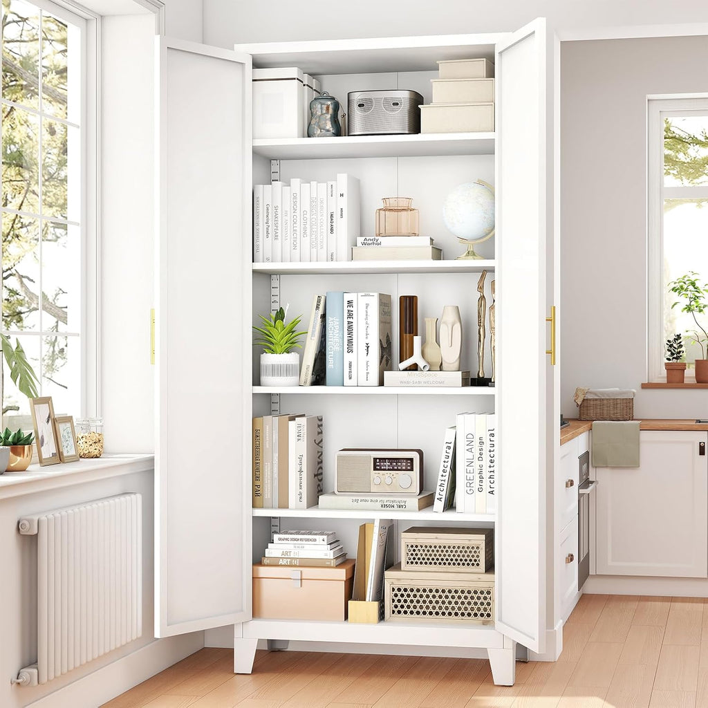 Zevemomo 71' Metal Pantry Cabinet with 4 Adjustable Shelves and 2 Doors, Freestanding Kitchen Storage Cabinet, Tall Steel Cupboard for Kitchen, Pantry, Dining Room, Living Room, Office, White