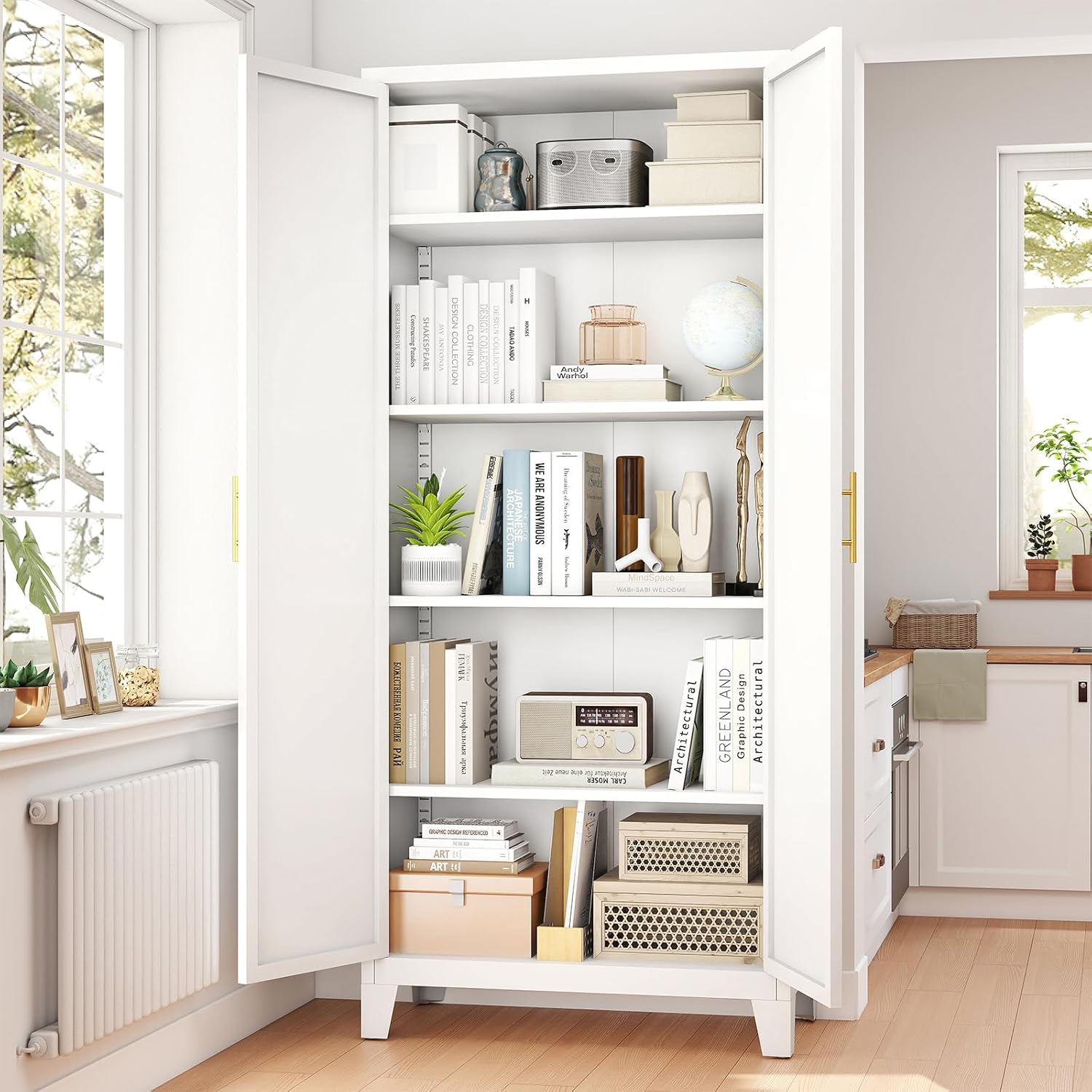Zevemomo 71' Metal Pantry Cabinet with 4 Adjustable Shelves and 2 Doors, Freestanding Kitchen Storage Cabinet, Tall Steel Cupboard for Kitchen, Pantry, Dining Room, Living Room, Office, White